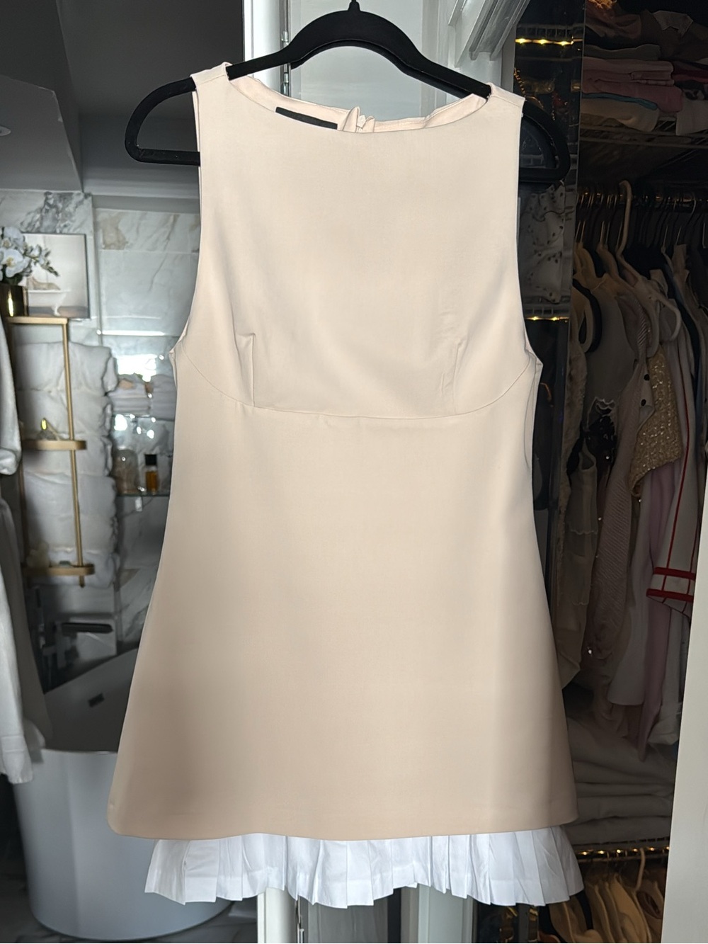 Zara Mini Dress in Beige with White Pleated Hem
